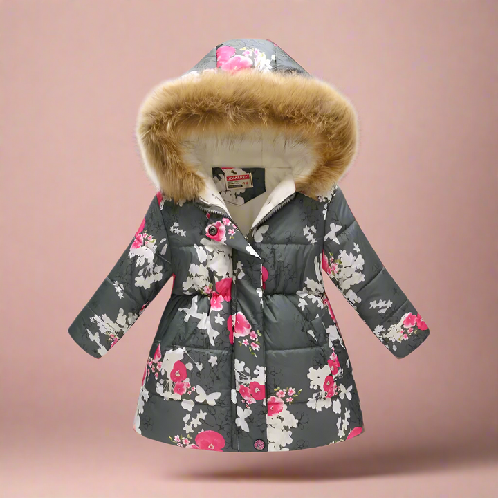 Dark gray quilted winter coat with pink and white flowers and a fluffy-trimmed hood