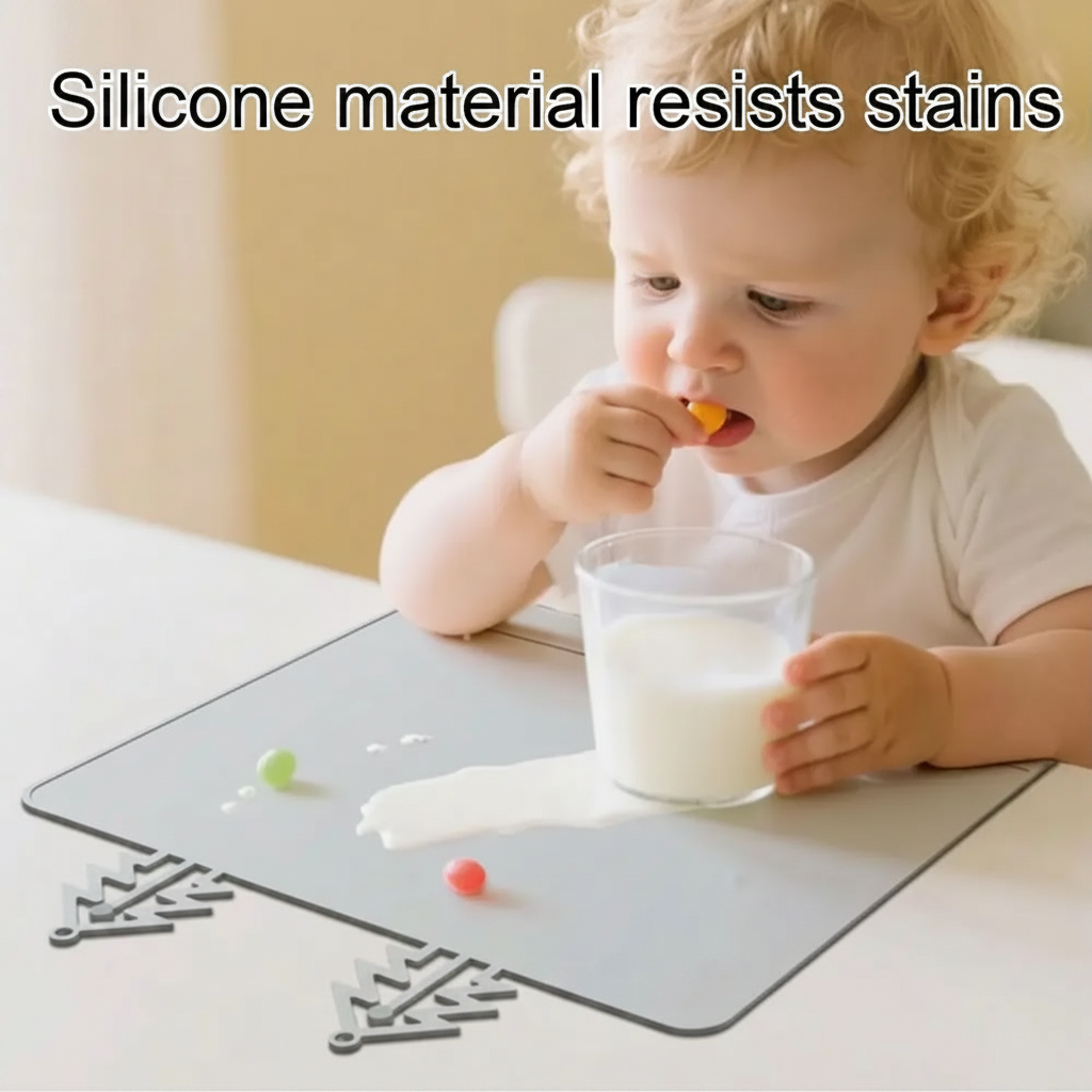 Child with a glass of milk and a small spill on a gray silicone placemat