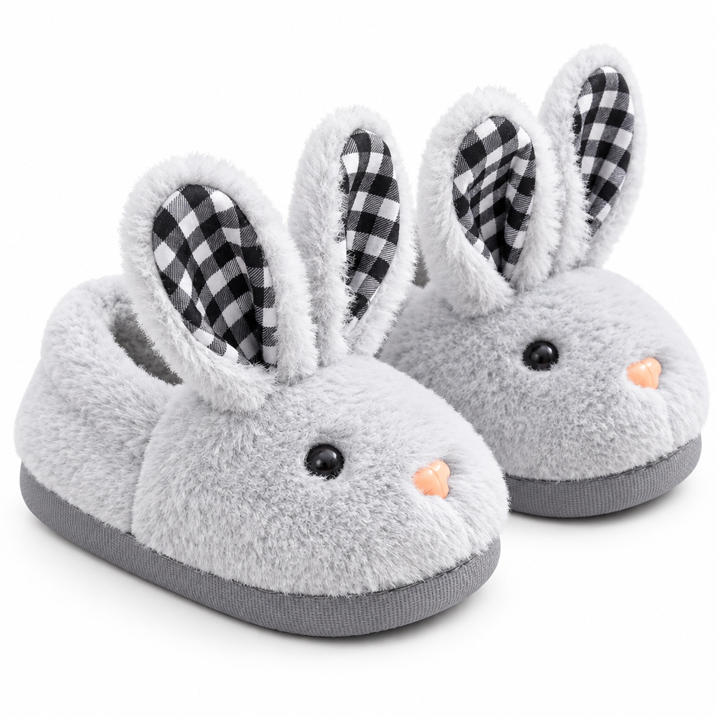 Pair of gray plush bunny slippers with checkered ears and dark gray soles