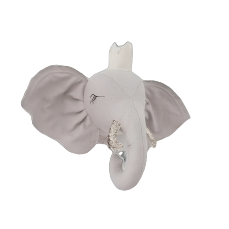 Gray plush elephant wall decoration with broad ears, a crown, and a curled trunk