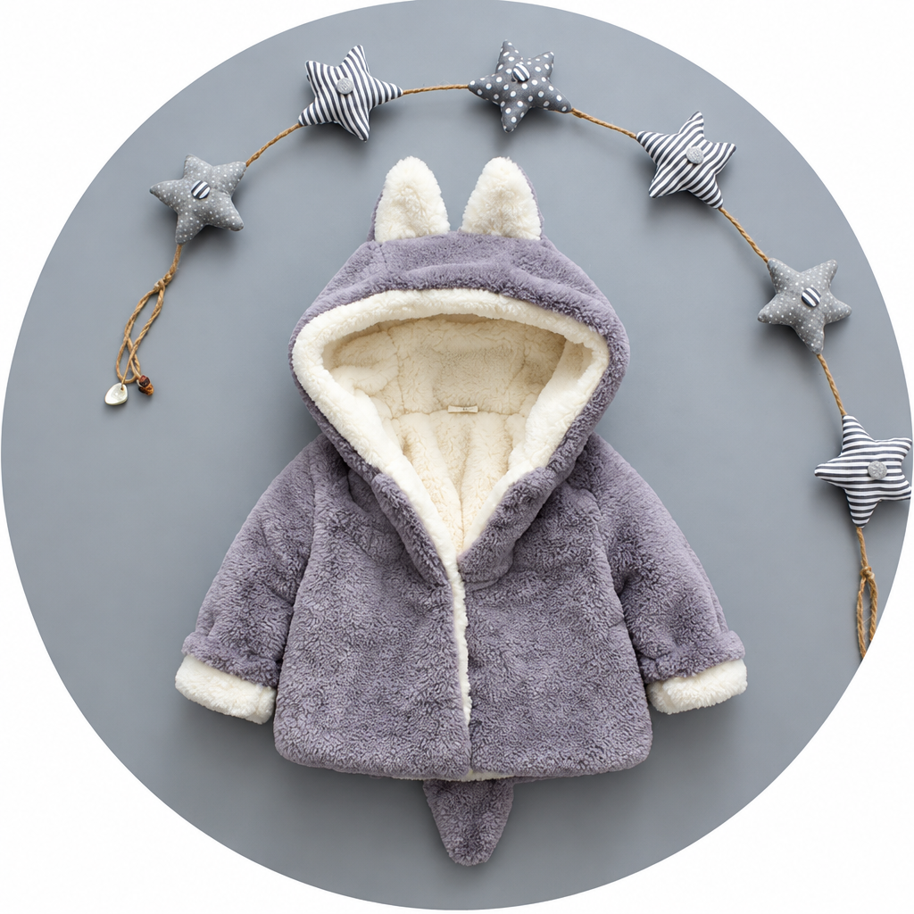 Front view of the gray plush hooded jacket with cream lining and animal ears