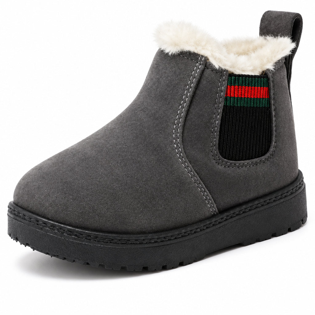 Single gray suede winter boot showing its plush lining, heel loop, and black rubber sole.