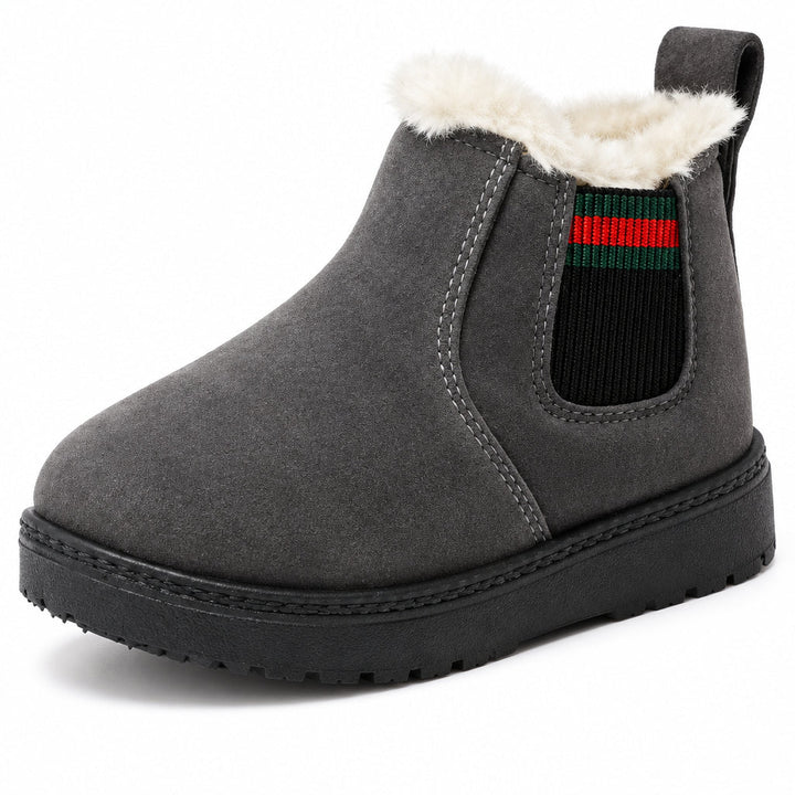 Single gray suede winter boot showing its plush lining, heel loop, and black rubber sole.