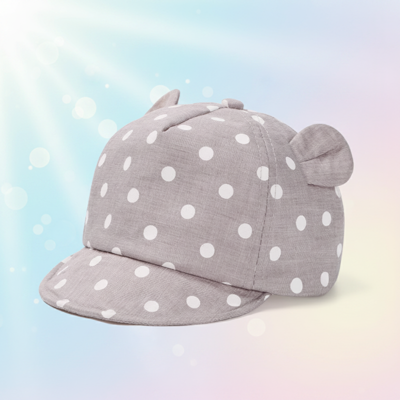 Gray cap with white polka dots and padded fabric ears.