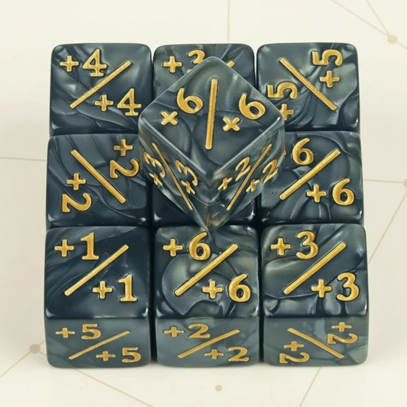Dark gray D6 counter dice with gold-colored positive values