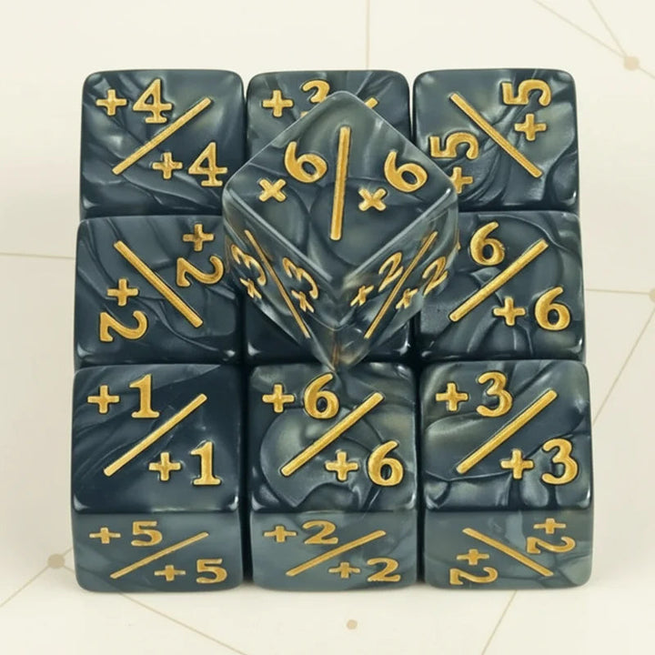Dark gray D6 counter dice with gold-colored positive values