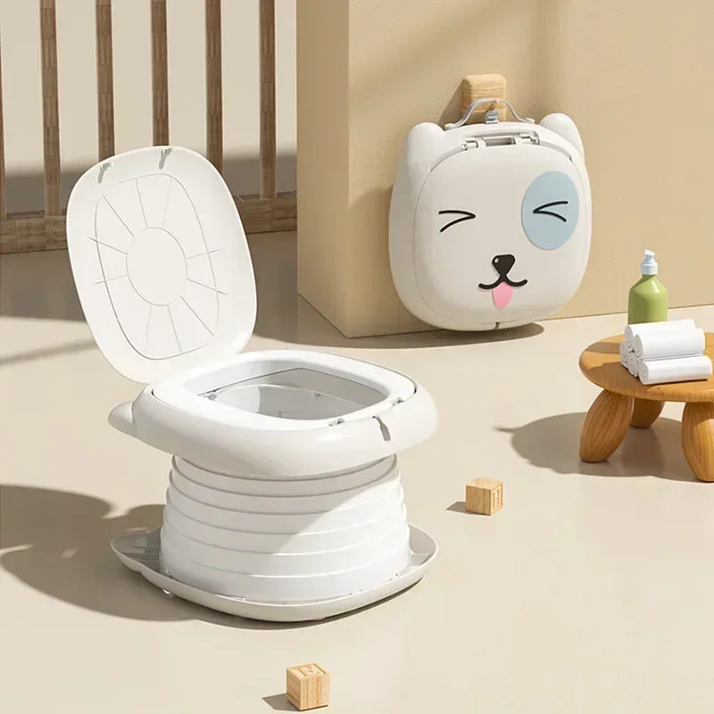 Gray portable potty shown open and folded for carrying