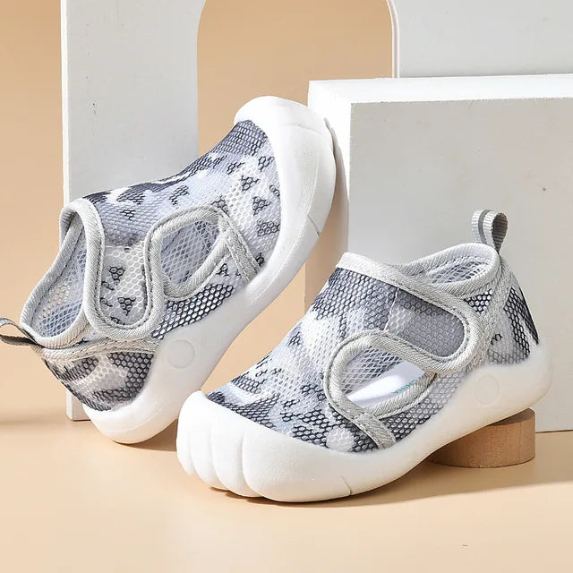 Gray printed mesh sandals with white toe caps and hook-and-loop straps