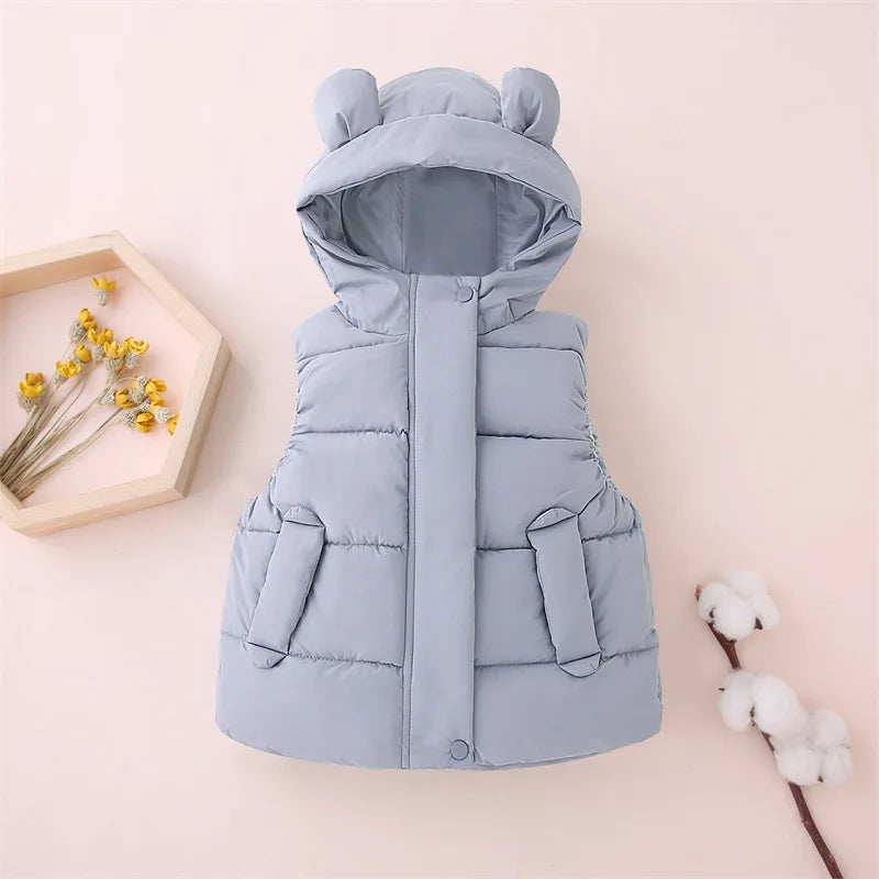 Gray quilted hooded vest with rounded bear ears and front pockets