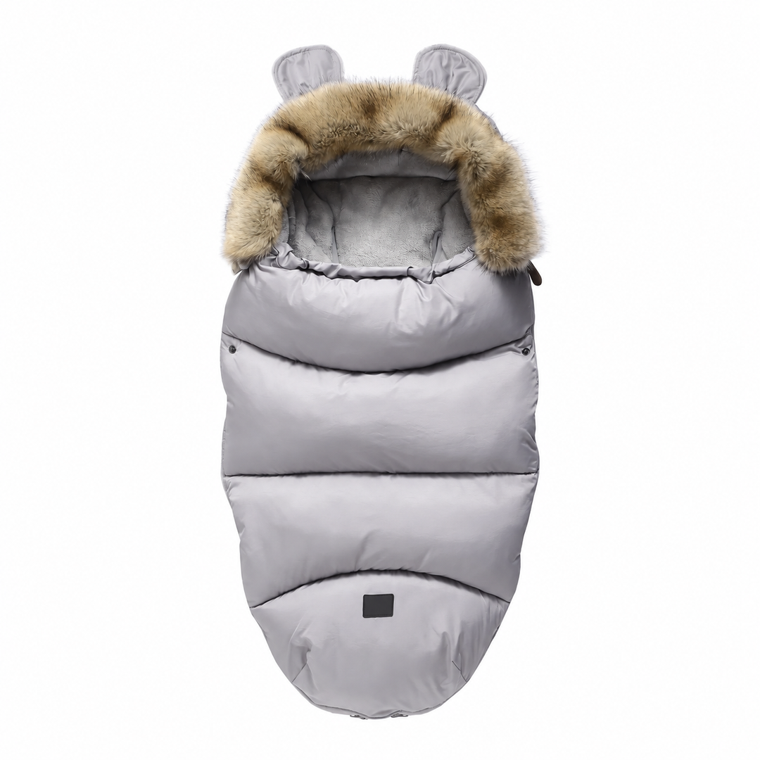 Gray quilted stroller footmuff with a faux fur collar and small matching ears