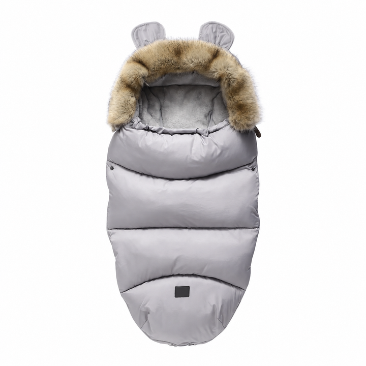 Gray quilted stroller footmuff with a faux fur collar and small matching ears