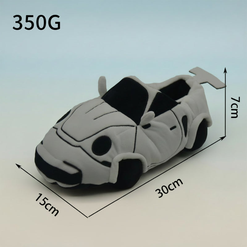 Gray racing car slipper with graphic labels showing 30 x 15 x 7 cm and 350 g