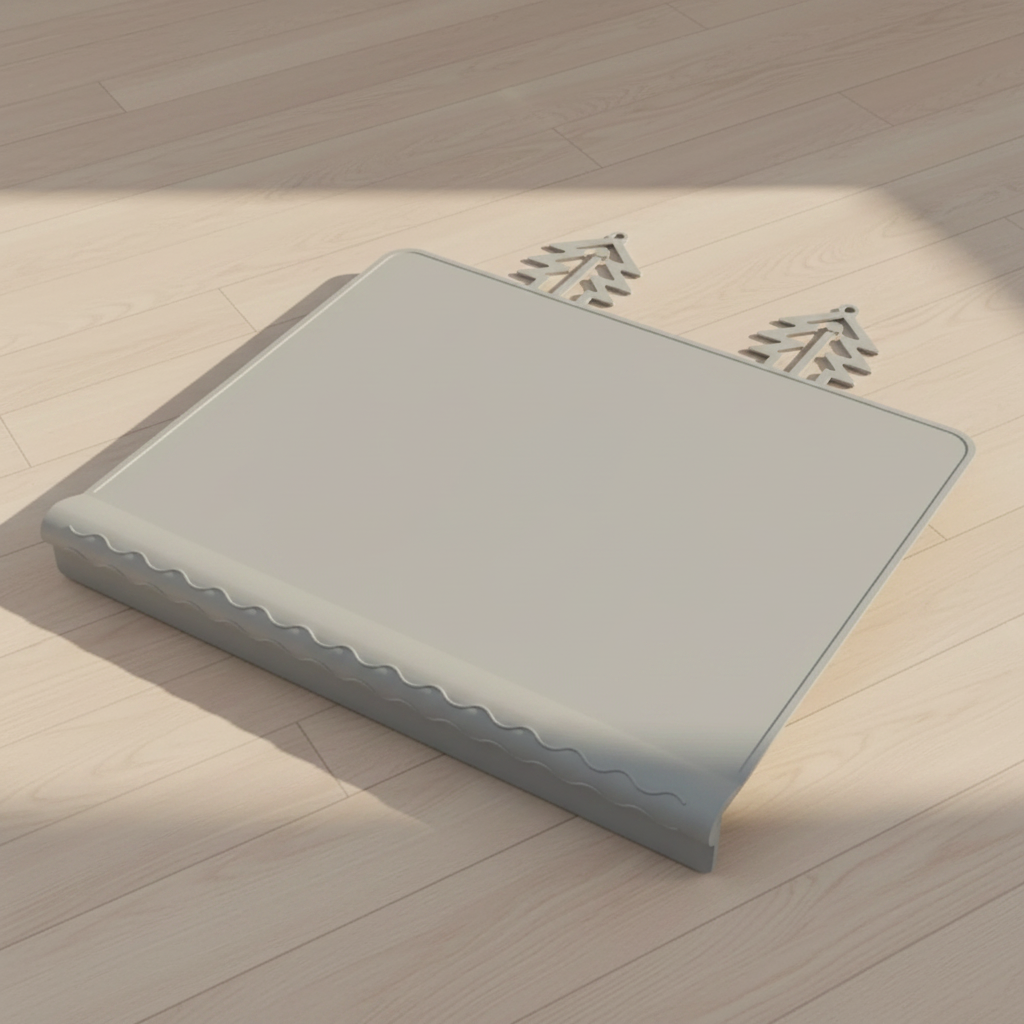 Gray silicone placemat with raised edging and two tree-shaped tabs