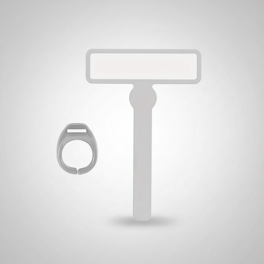 Gray reading guide and finger ring shown together on a light background.