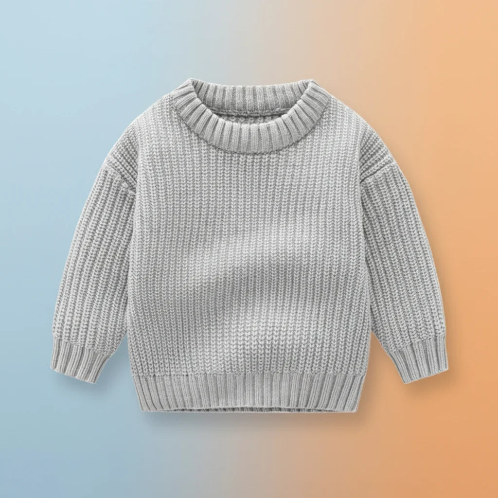 Gray long-sleeve knit sweater with a round neckline and ribbed trim.