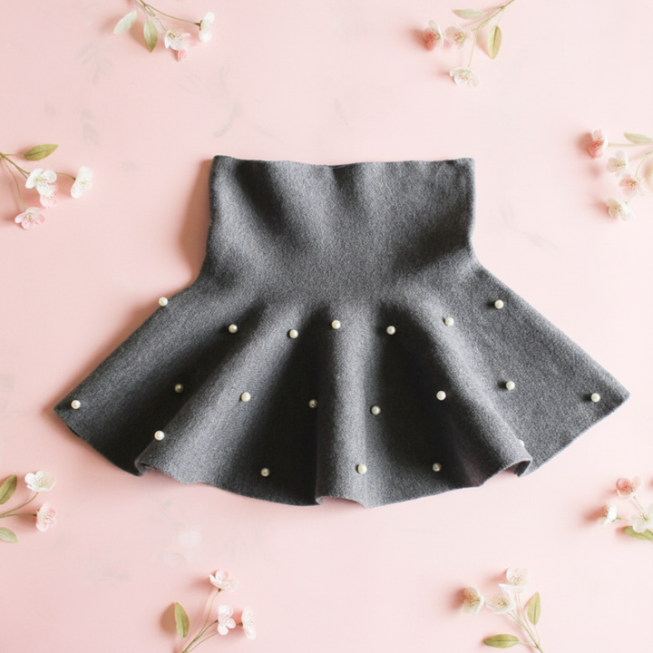 Gray A-line knit skirt with scattered pearl-style beads