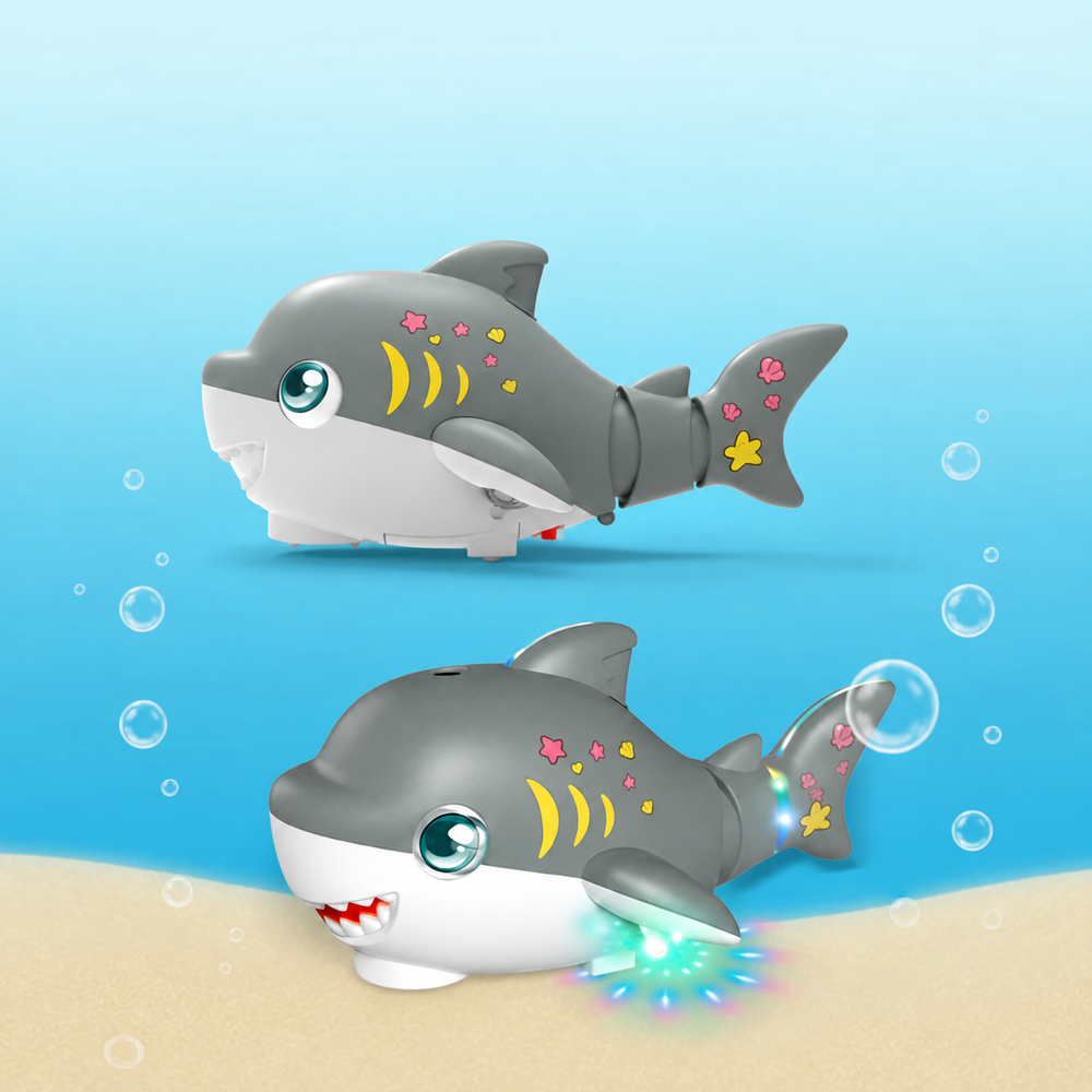 Two views of the gray shark toy showing its decorated tail, white belly, and multicolor lights
