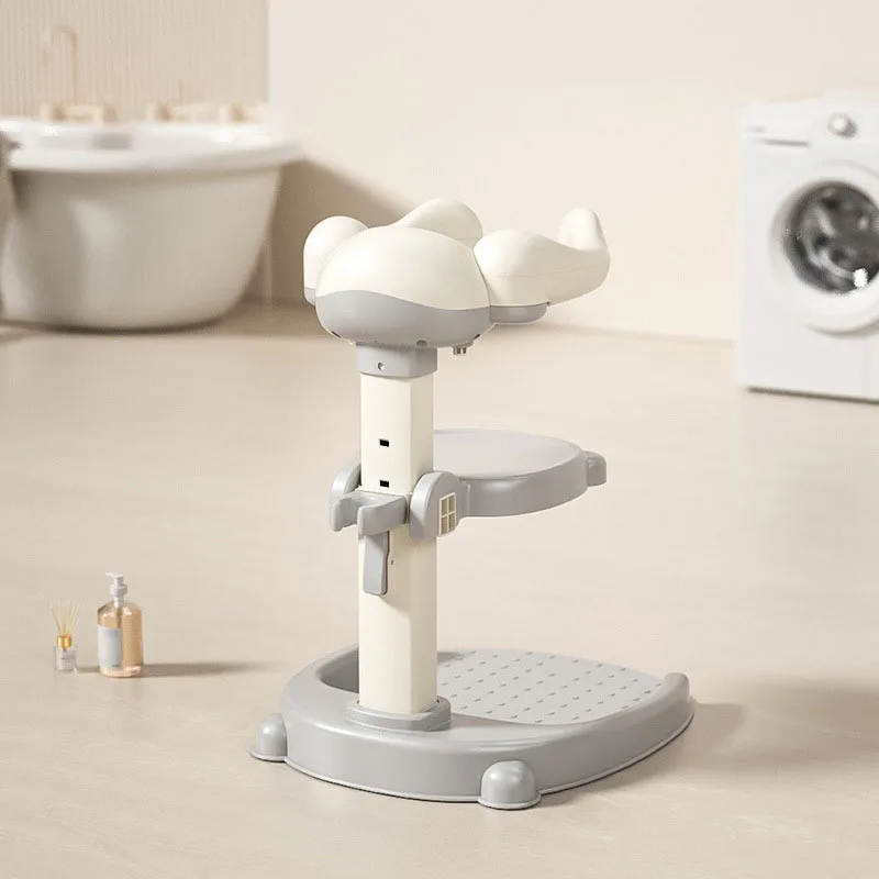 Gray toddler shower stand with a central stool