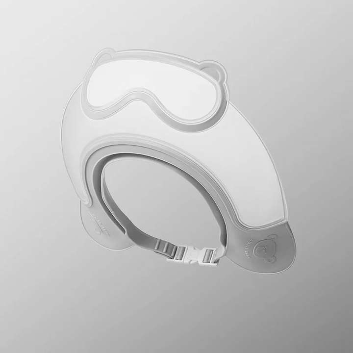 Gray baby shower cap with a clear curved face rim and adjustable buckle strap