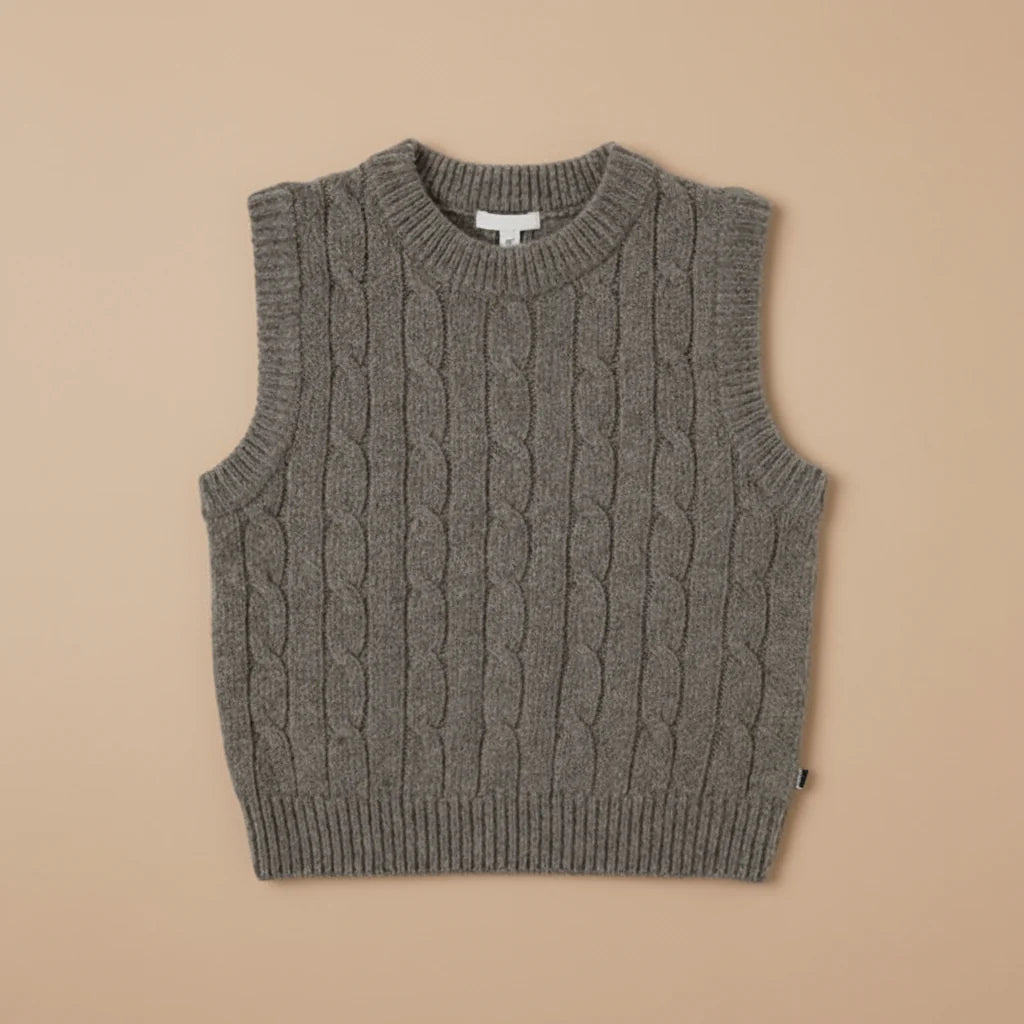 Gray sleeveless cable-knit vest with ribbed neckline, armholes, and hem