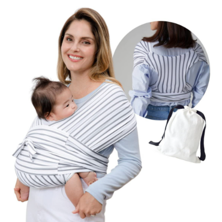 Parent wearing a gray-and-white striped baby carrier, with a rear view and drawstring pouch