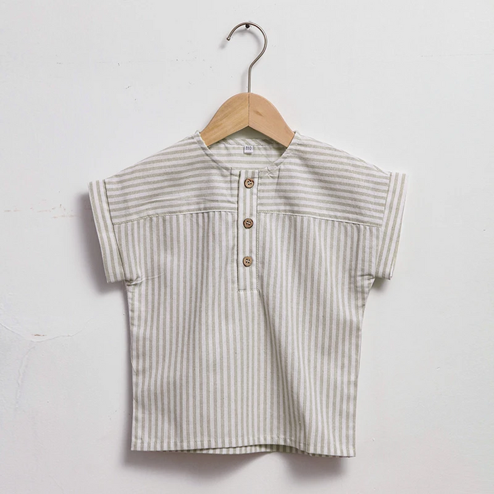 Gray striped short-sleeve shirt with front buttons on a hanger