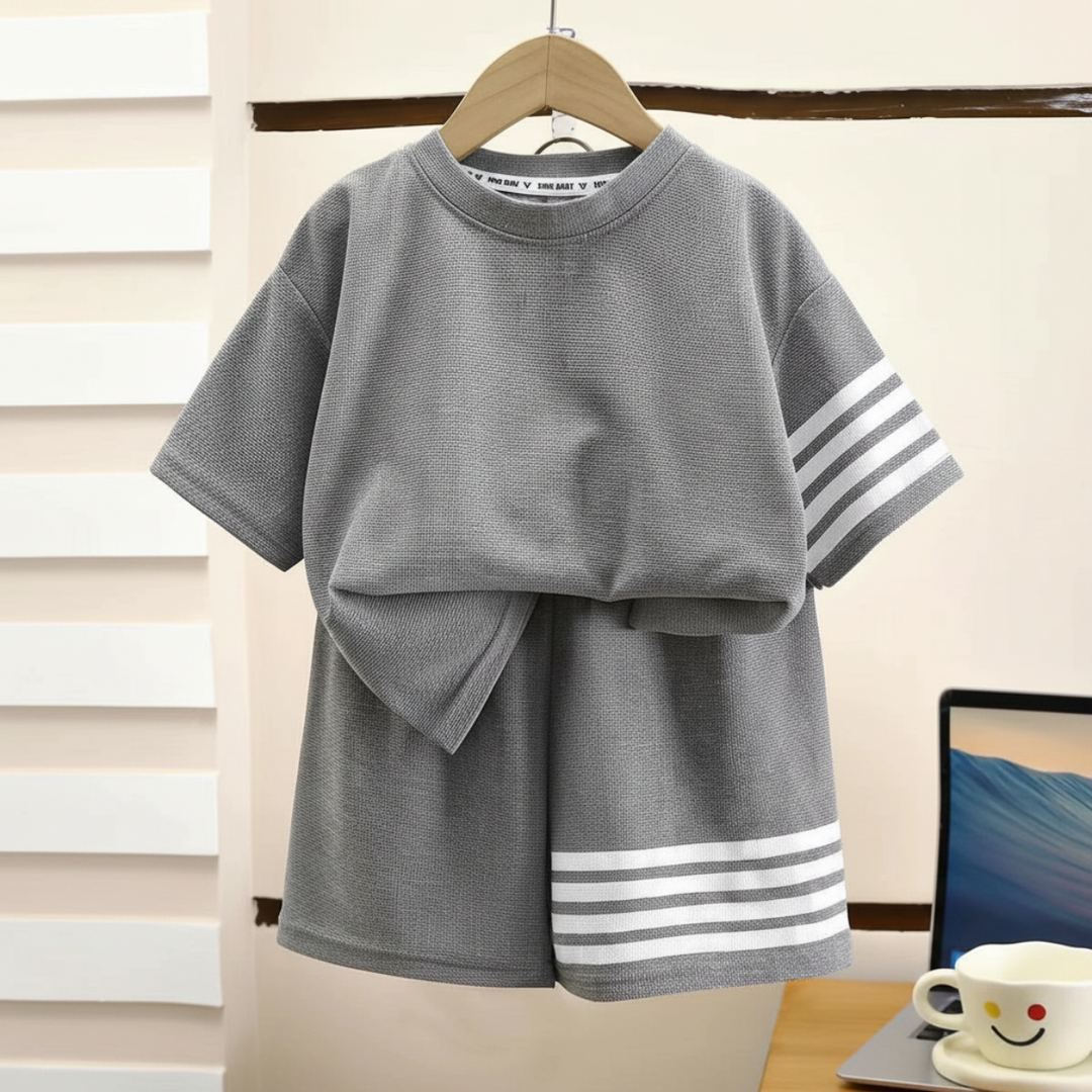 Gray crew-neck T-shirt and matching shorts on a hanger with white stripe accents.