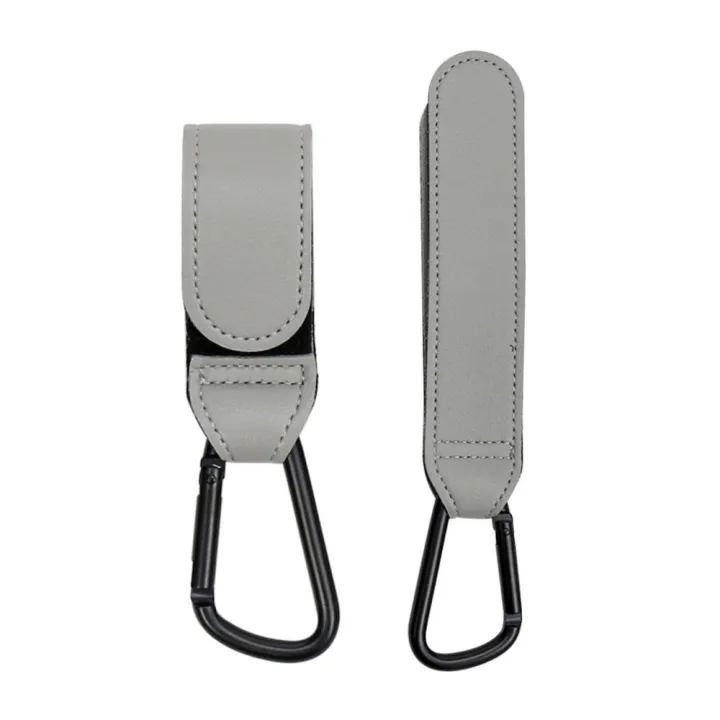 Gray stroller hooks with folded and extended straps