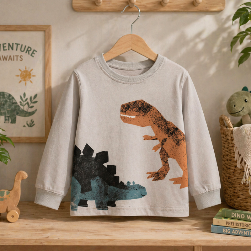 Light gray sweatshirt featuring an orange T-rex and a dark stegosaurus