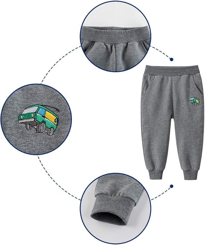 Gray sweatpants with detail callouts showing the elastic waist, vehicle embroidery and ankle cuff