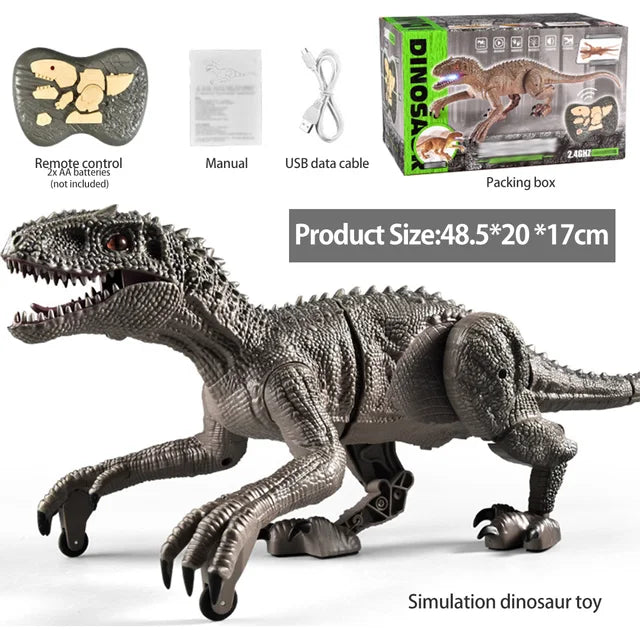 Gray Velociraptor toy with remote, USB cable, manual, packaging and dimension graphic