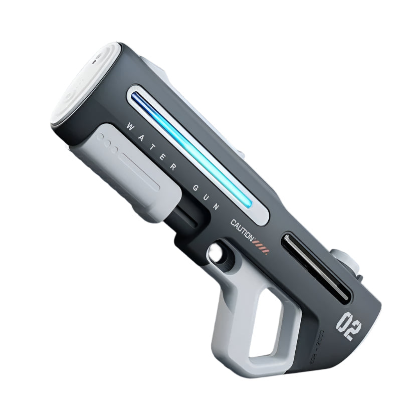 Gray electric water blaster with an illuminated blue LED strip