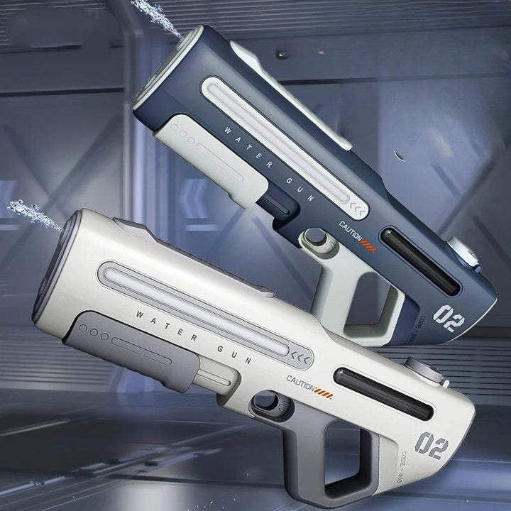 Gray and white electric water blasters displayed with water streams