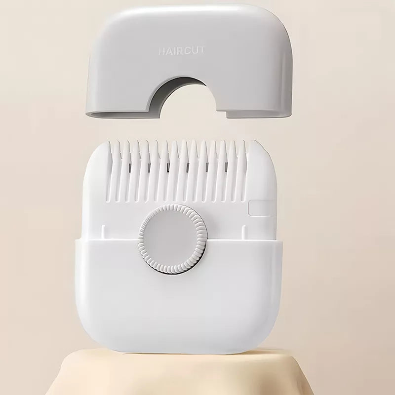 Gray and white hair trimmer with the gray cover removed to show the comb teeth