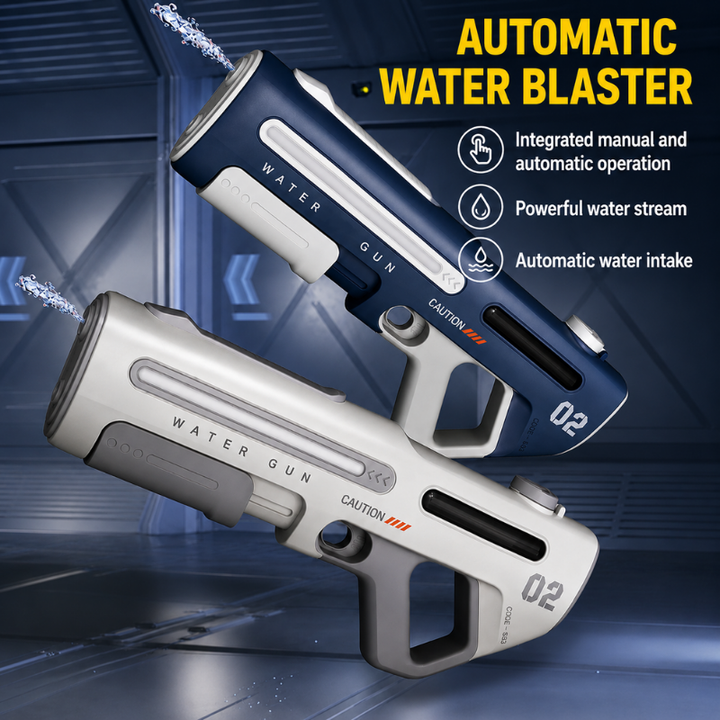 Gray and white water blasters in a graphic highlighting operation and automatic water intake