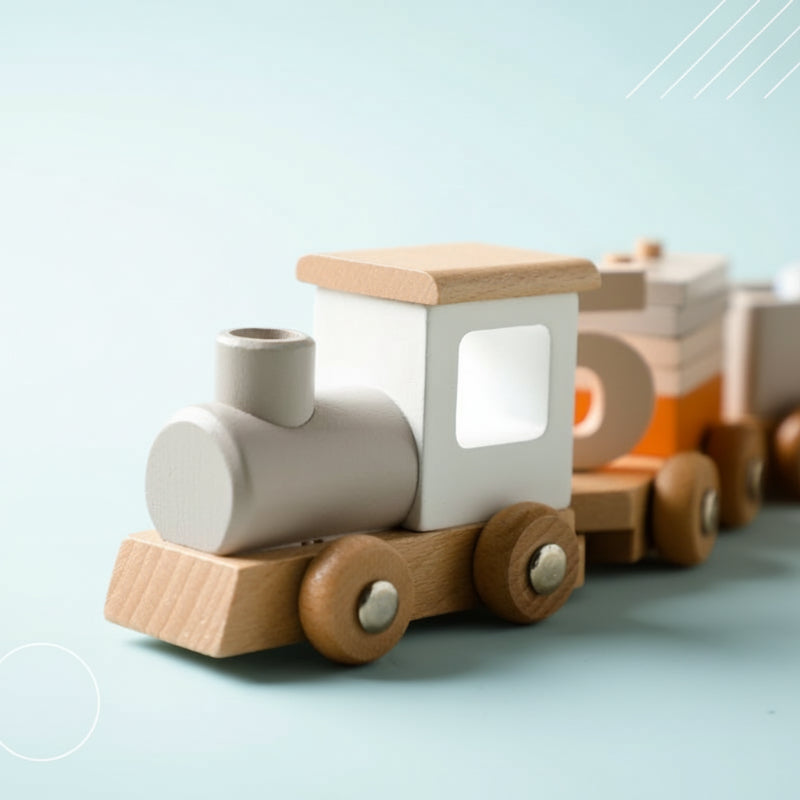 Close-up of a wooden locomotive with a gray boiler, white cab, and natural wood wheels