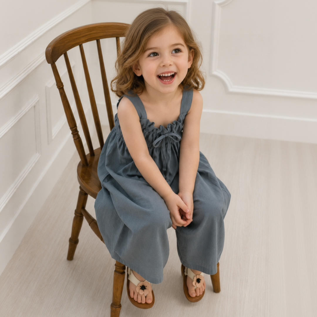 Child seated on a wooden chair wearing the gray wide-leg jumpsuit