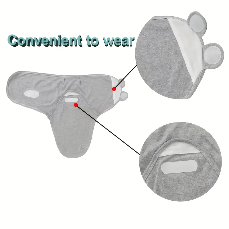 Gray wrap shown open with close-ups of its fabric edges and fastening tabs.