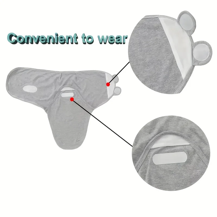 Gray wrap shown open with close-ups of its fabric edges and fastening tabs.