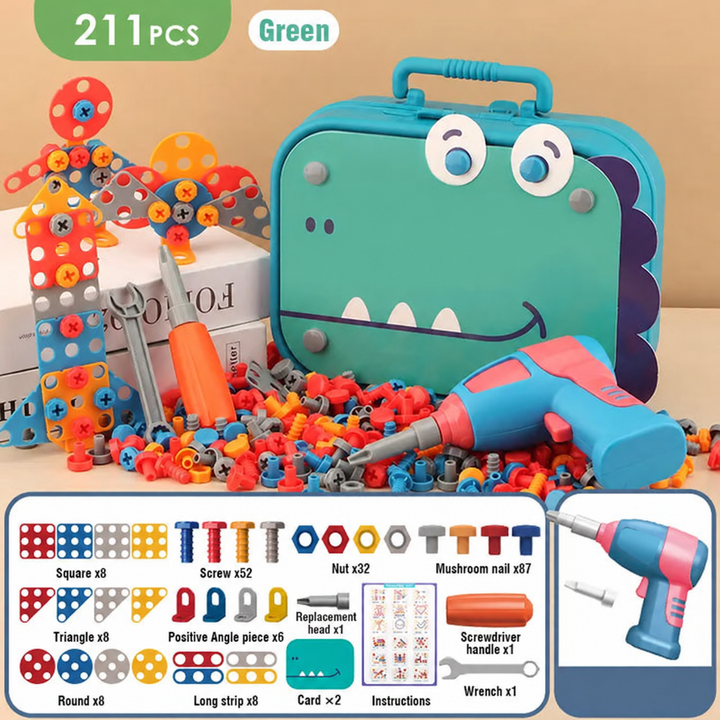 Green 211-piece drill construction set with dinosaur-faced carrying case and colorful building pieces