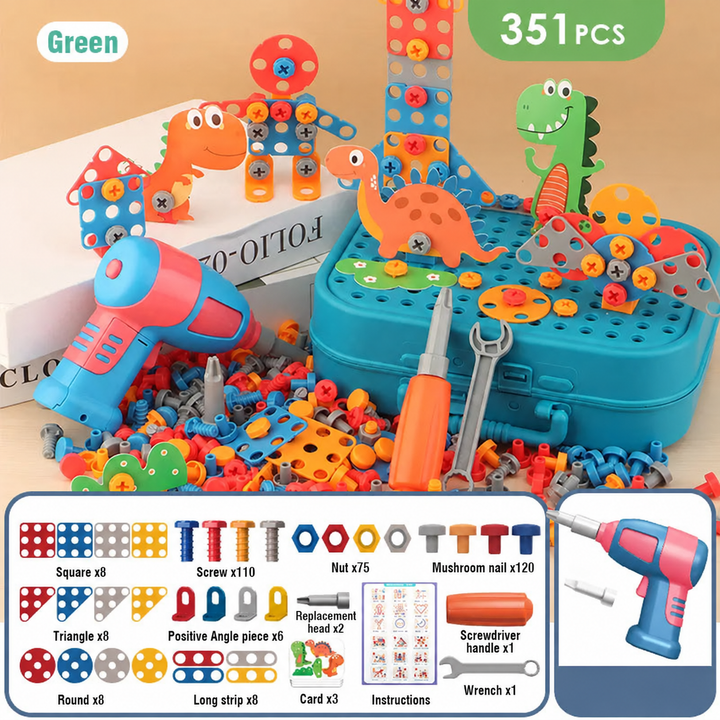Green 351-piece drill construction set with dinosaur builds, tools, and a pictured parts list