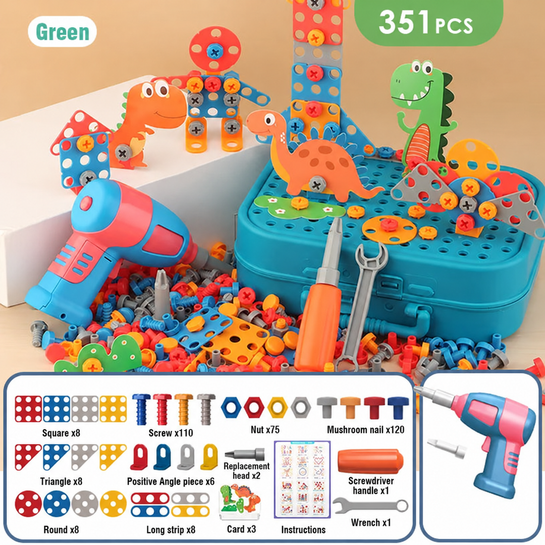 Green 351-piece building set with dinosaur models on an open case beside a toy drill and hand tools