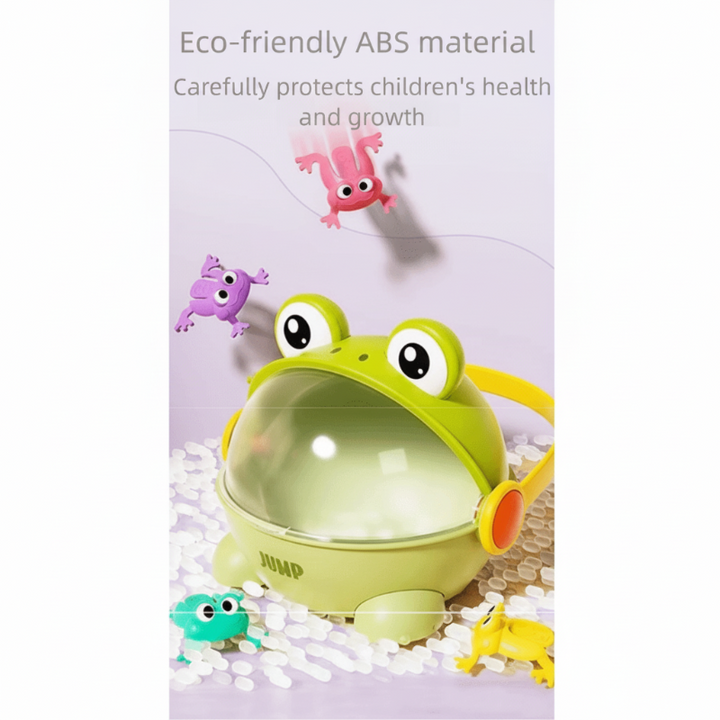 Open green ABS plastic frog case surrounded by colorful small frogs.