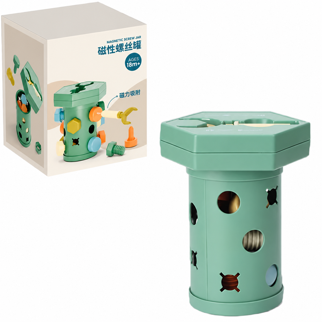 Green activity cylinder with shaped side openings beside its retail box.