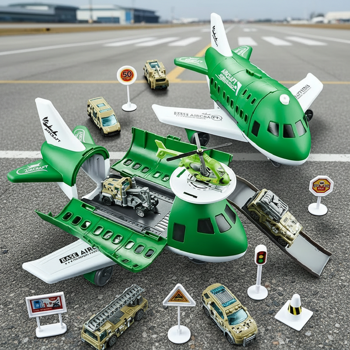 Green airplane play set in open and closed configurations with vehicles, a helicopter, and road signs