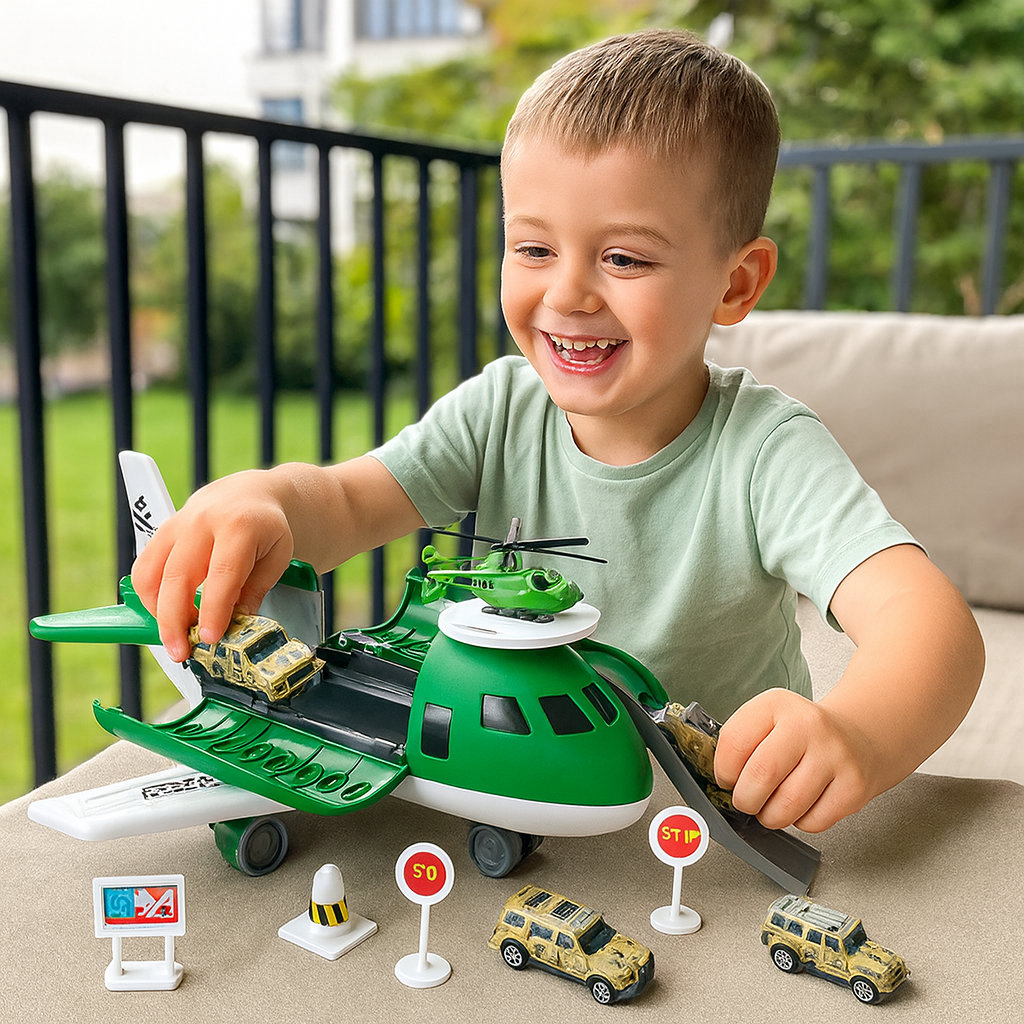 Child playing with a green airplane play set and matching vehicles at an outdoor table