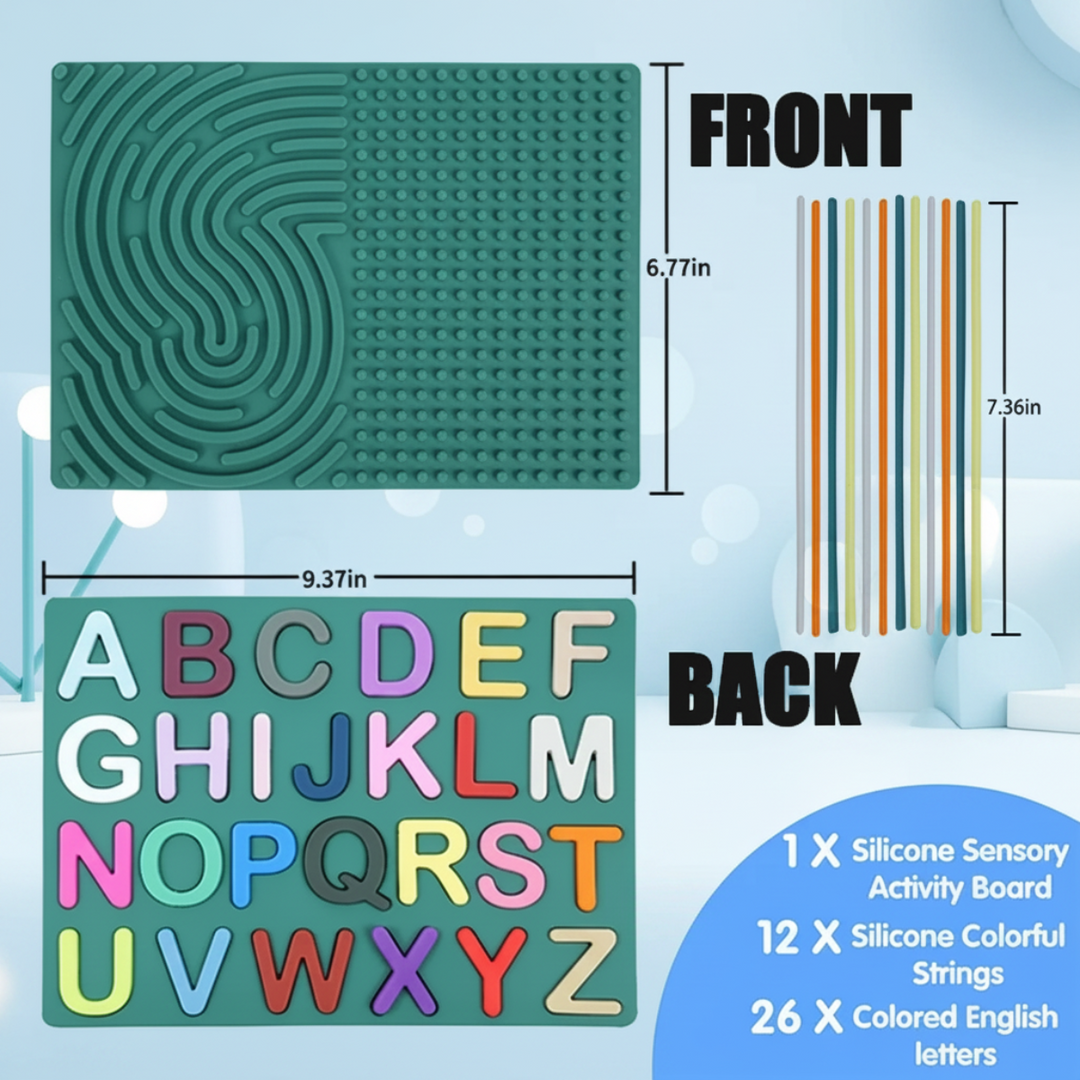 Green activity board showing both sides, dimensions, 12 silicone strings, and 26 letters