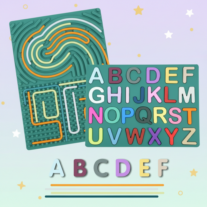 Green double-sided activity board with letter spaces, loose letters, and strings arranged in curved tracks