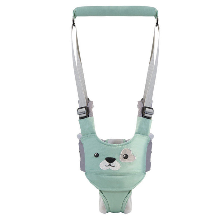 Green walking harness with an animal face, gray straps, and a padded handle