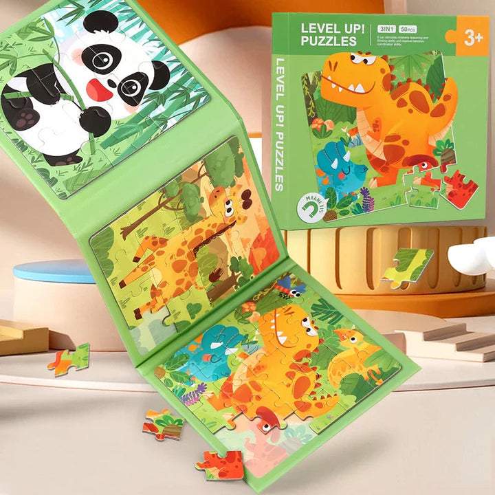 Green fold-out animal puzzle book with panda, giraffe, and dinosaur scenes.